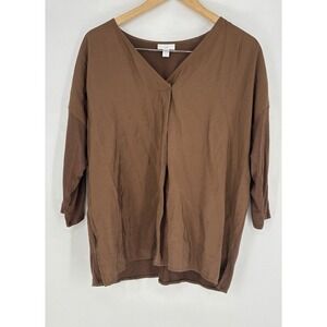 J. Jill Womens 3/4 Sleeve Brown Blouse Size Large‎ Peasant Boho Relaxed